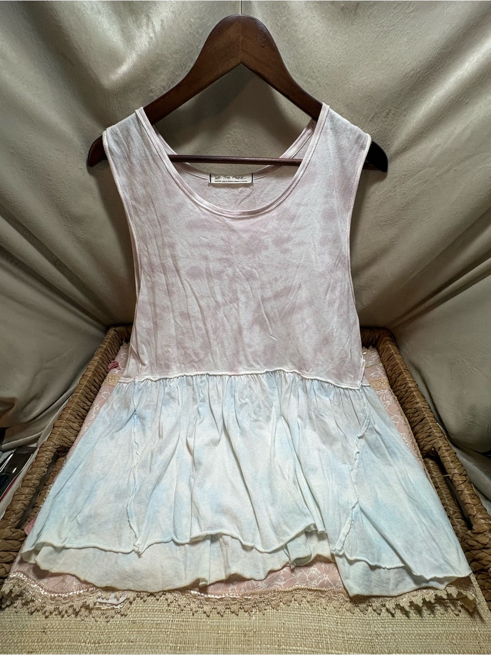 We The Free Anytime Peplum Tank Top Medium Pink White Raw Hem Boho